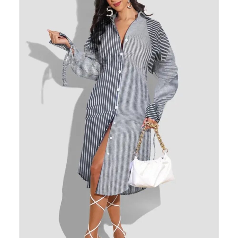 Space Gray Women's Dresses Striped Long-sleeved Long Dresses size XXL